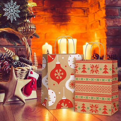Christmas Gift Bags 24 Pcs Kraft Gift Bags with Handles - 8x4.25x10.5 - 6 Designs (Variation: Christmas Pattern A+1 Count Pack of 24)