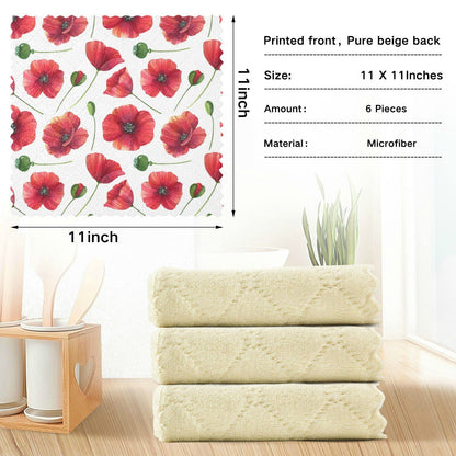 CaTaKu Red Poppy Cute Kitchen Dish Cloths for Washing Dishes Reusable Cleaning Cloth Dish Towels Microfiber Washcloths Dish Rags for Kitchen,6 Pack