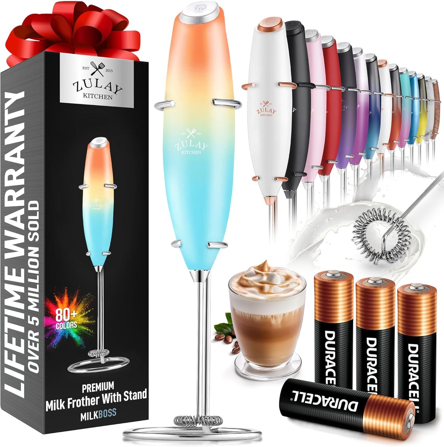 Zulay Kitchen Milk Frother Wand - Ultra-Fast Handheld Electric Whisk for Coffee, Lattes & More - Sunrise Color