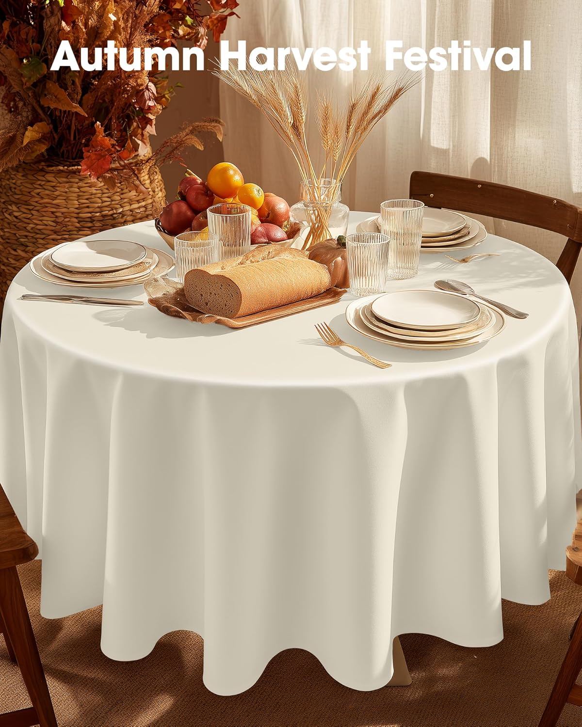 Pureegg Disposable Plastic Tablecloths - 84'' Round, Leakproof & Sturdy for Parties, Weddings, Thanksgiving | Beige & Cream
