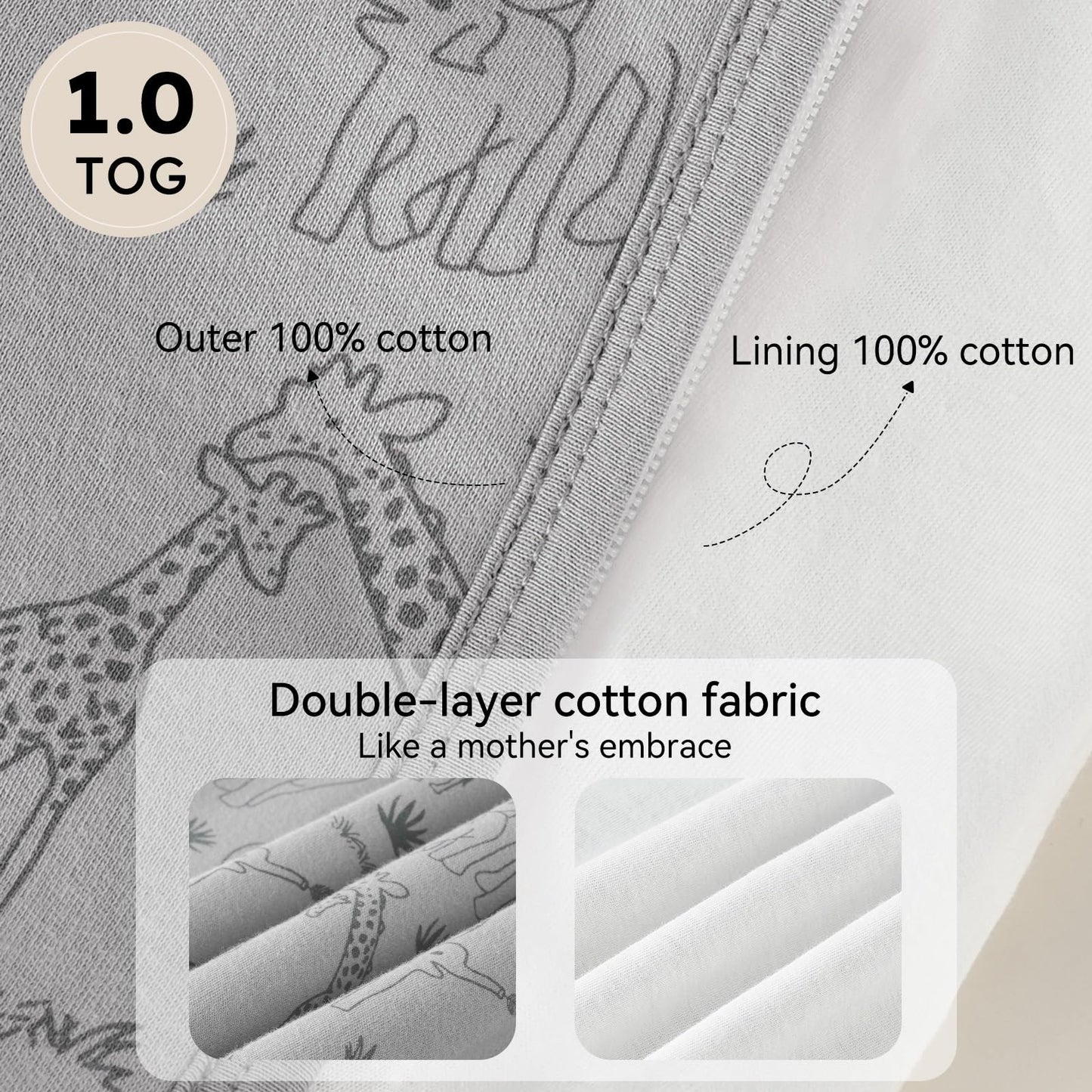 Unnivoll Baby Sleep Sack 6-12 Months 1.0 Tog Baby Wearable Blanket 100% Cotton Sleeping Sack with 2-Way Zipper for Infant Newborn Apricot & Gray Elephant