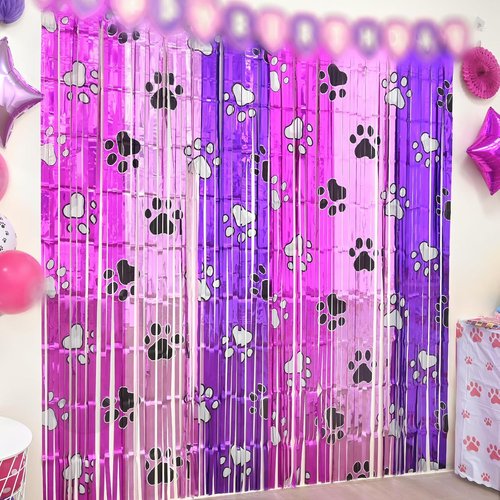 Bupelo Pink Paw Birthday Decorations - 2 Pack Tinsel Foil Fringe Curtains | 3.3 x 6.6ft Dog Party Backdrop