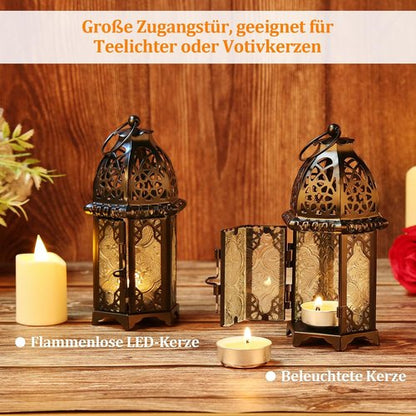 IMAGE Metal Candle Lantern - 6.7" Hanging Moroccan Birdcage Holder with Glass - Black for Home Decor