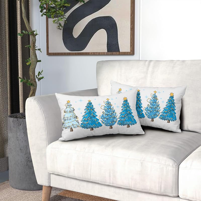 Blue Christmas Tree Throw Pillow Covers Set of 2 12x20 Decorative Pillow Cases