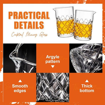 Dandat 4 Pcs Cocktail Mixing Glass 24 oz Crystal Stirring Glass Thick Bottom Seamless Cocktail Pitcher for Home Bartender Bar Whiskey Martini Drink Shaker Accessories (Grid)