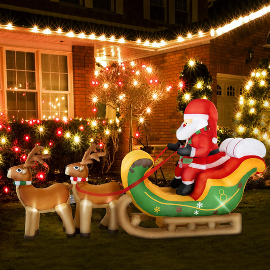 Mars Explo 8ft Inflatable Santa on Sleigh with 2 Reindeer - Outdoor Christmas Decorations 2024, Light-Up Blow Up Santa for Yard, Garden, Lawn Decor, Xmas Holiday Inflatable for Outdoor Decoration