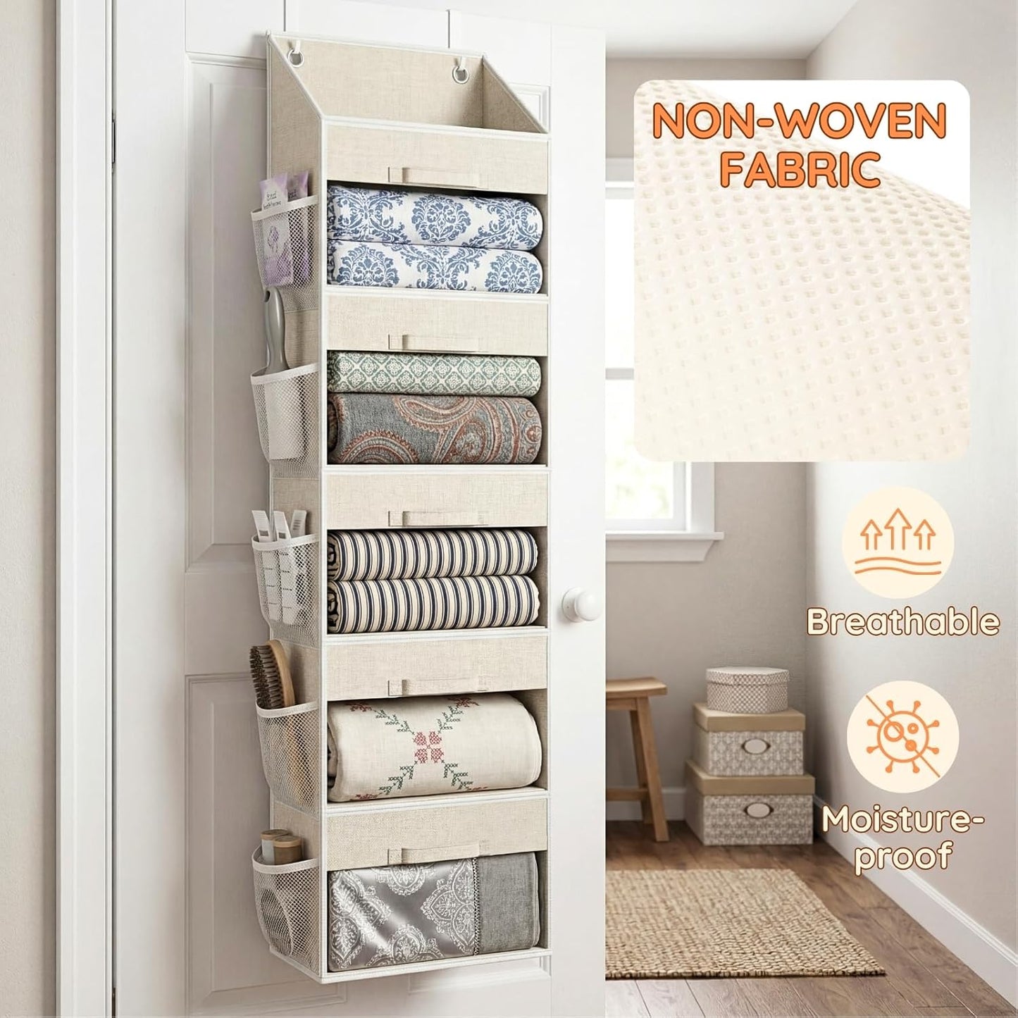 Ofiray Home Yarn Storage Organizer - 5 Drawer Over-The-Door Knitting Holder with 10 Mesh Pockets | Beige