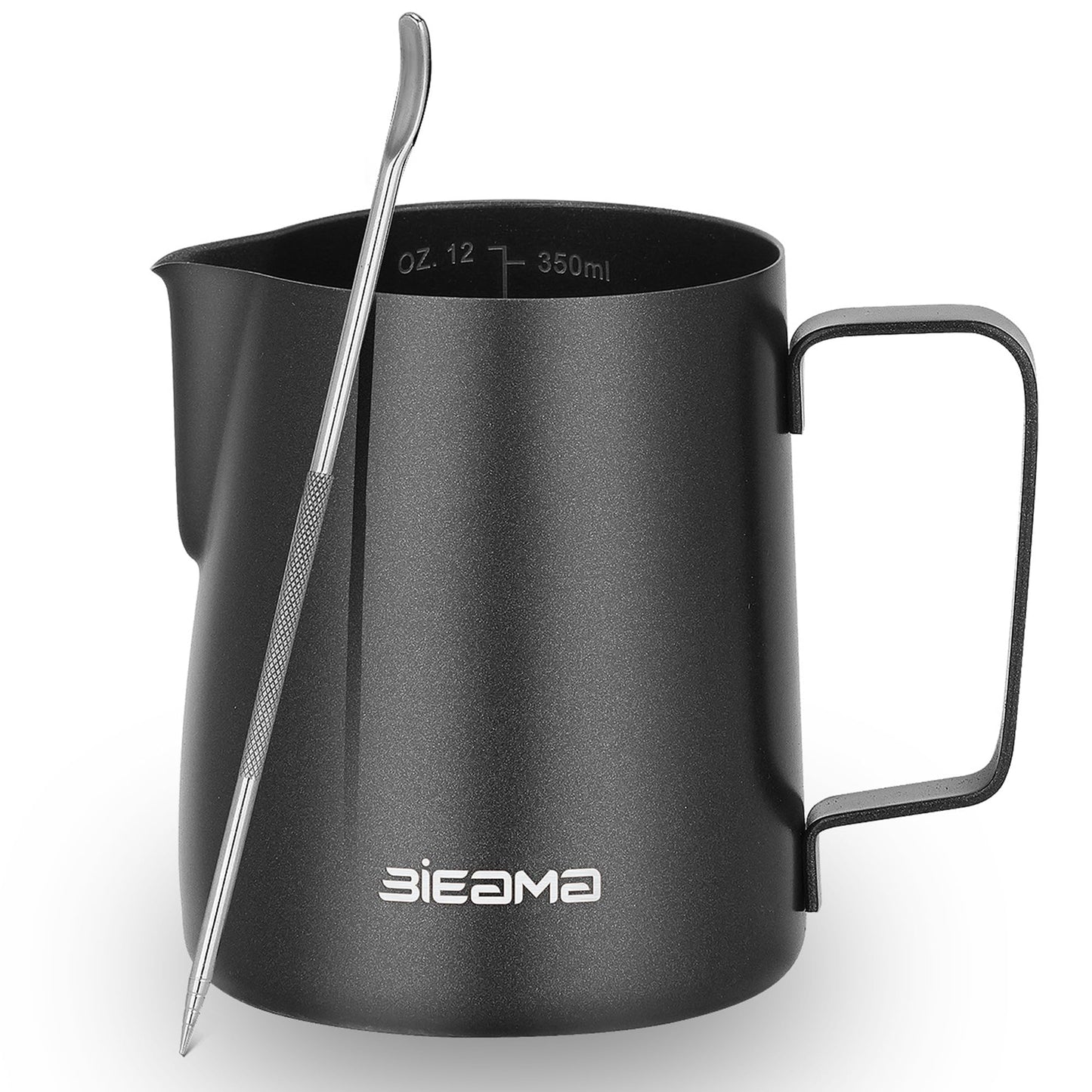 BIEAMA 12oz Milk Frothing Pitcher 304 Stainless Steel Milk Frother Cup, Dripless Spout and Scale with Decorating Pen, Matte Black