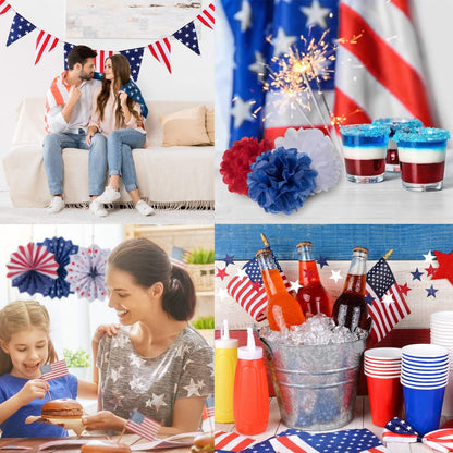 Whaline 4th of July Party Decorations Set - 14Pcs Patriotic Red, White & Blue USA Flag Banners & Pom Poms