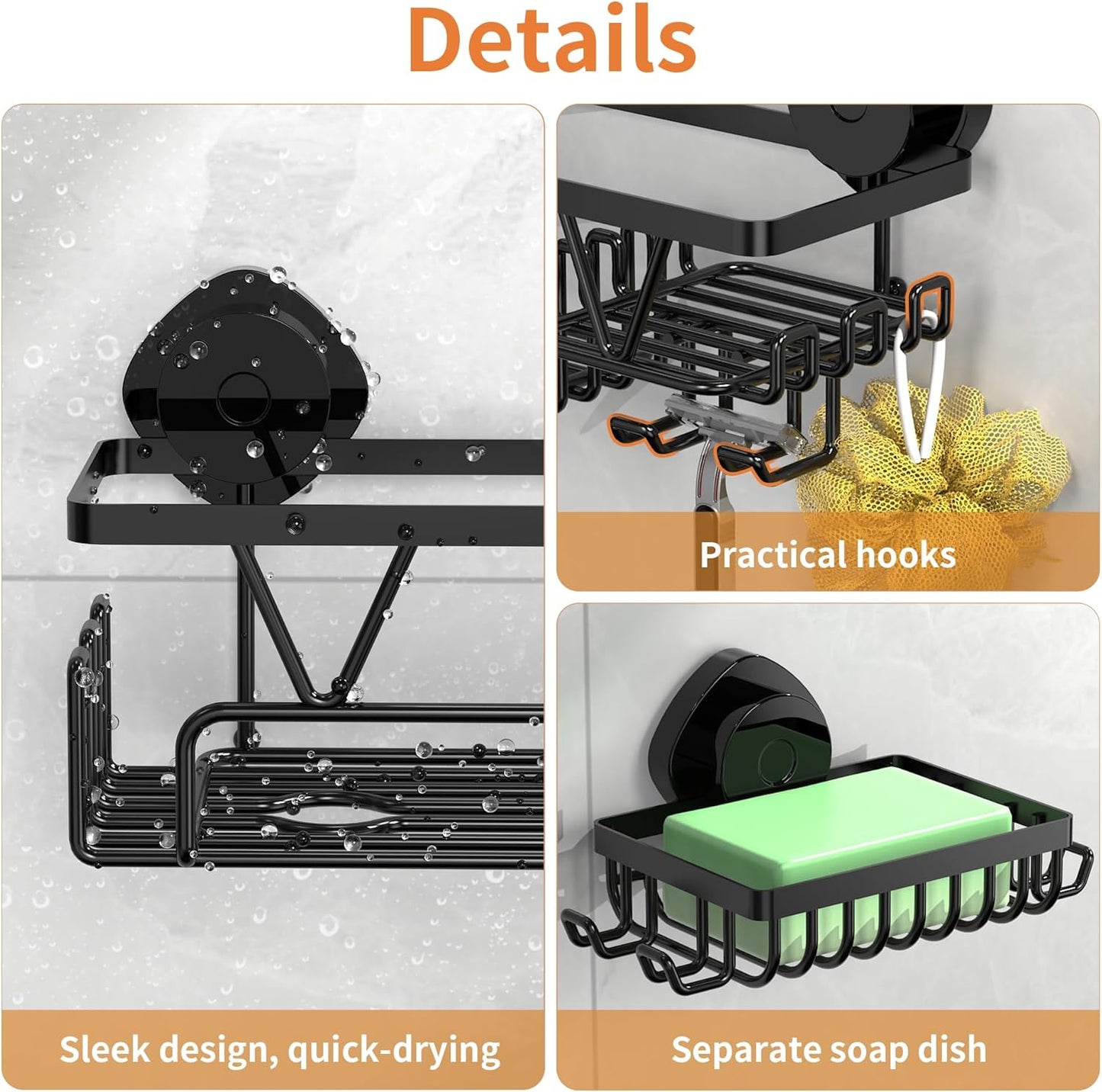 ZUNTO Shower Caddy | 3-Piece Suction Cup Organizer Set with Soap Holder & Hooks - No Drilling Required