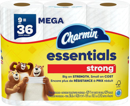 Charmin Essentials Strong Toilet Paper - 9 Mega Rolls for Ultimate Strength & Softness