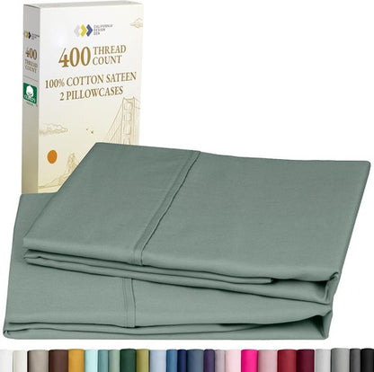 California Design Den Pillowcase Set | 400 Thread Count 100% Cotton Sateen | Soft & Breathable | Queen Size - Sage Green