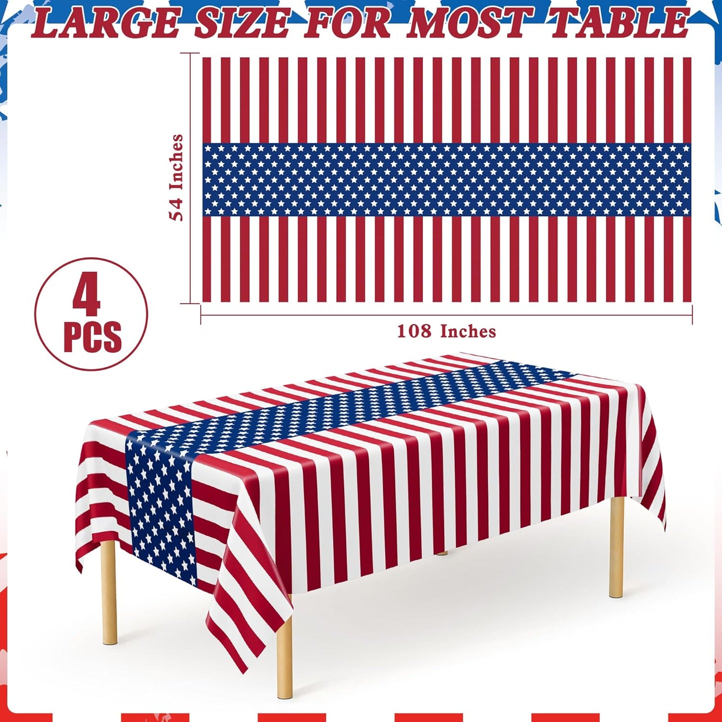 Patriotic Tablecloths by 4th of July | 4 Pcs 108" x 54" Red, White & Blue Rectangle Covers