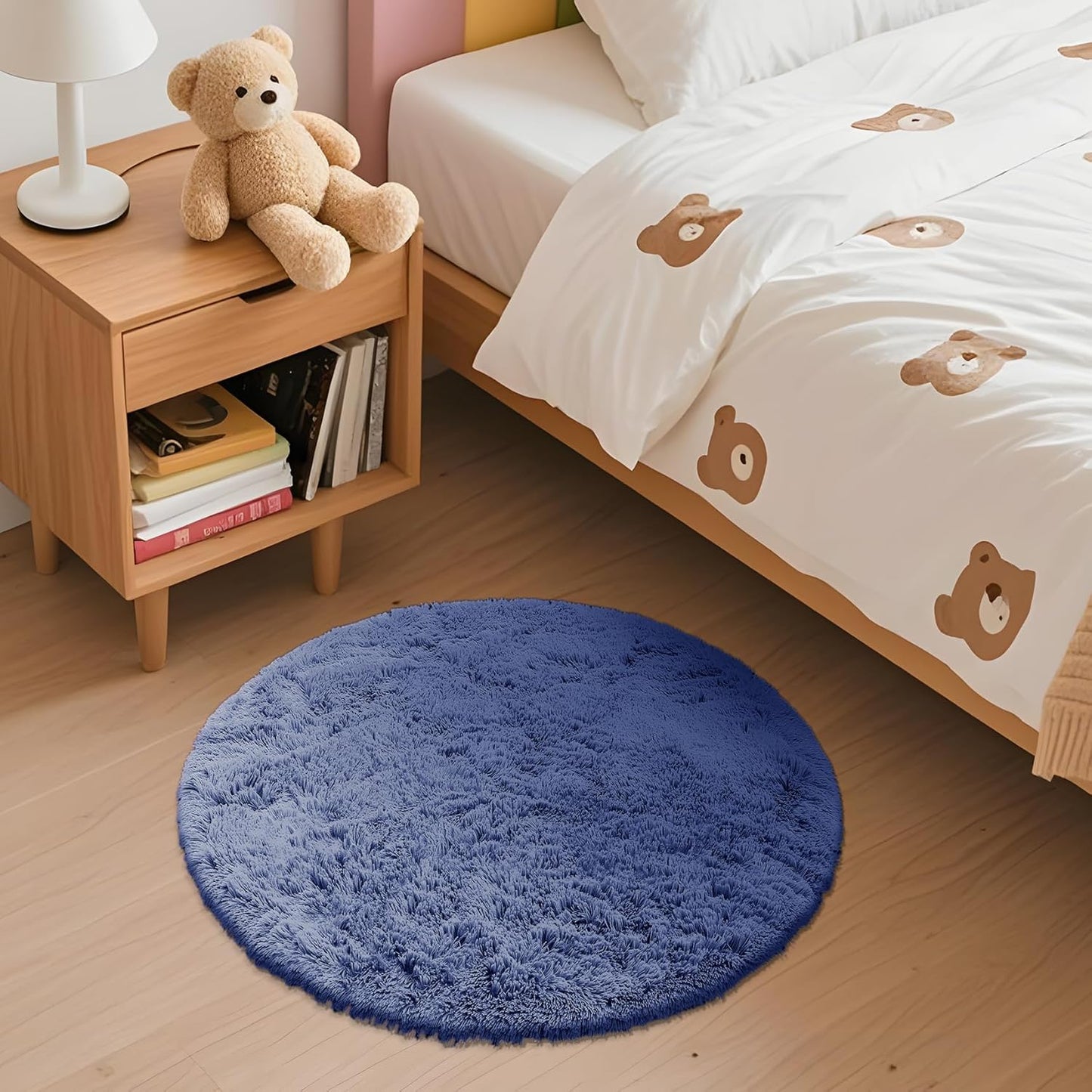 OLANLY Denim Blue Round Rug - Soft, Fluffy, Machine Washable 2 ft Circle Area Rug for Bedroom & Living Room