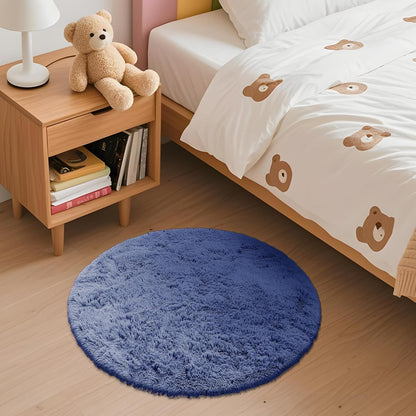 OLANLY Denim Blue Round Rug - Soft, Fluffy, Machine Washable 2 ft Circle Area Rug for Bedroom & Living Room