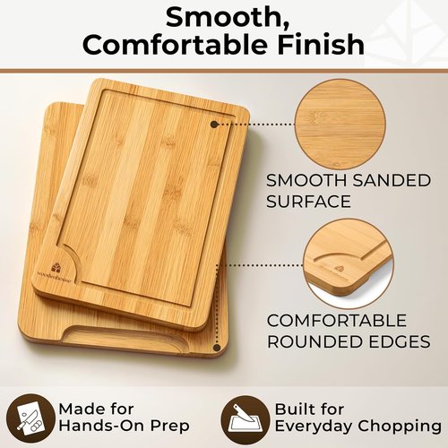 Bamboo Cutting Board Set - Thick, Durable Boards with Juice Grooves & Handles | Easy to Clean, Large Surface (Set of 3)