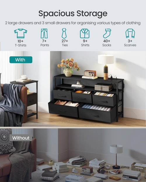 SONGMICS BELLAH Collection - Dresser for Bedroom with App-Controlled LED Lights and Charging Station, Chest of Drawers, TV Stand, 5 Drawers, Shelf, Modern, Ink Black ULGS723BH02S