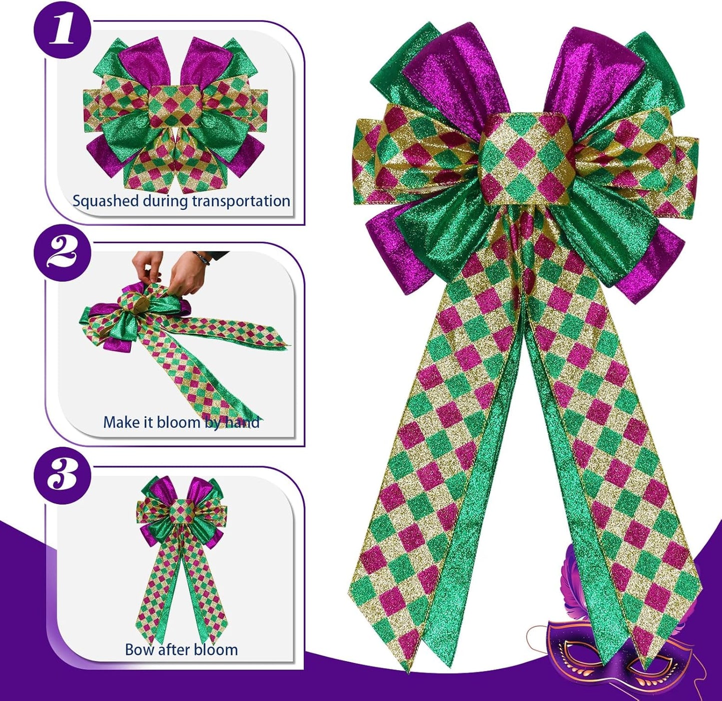 Skiennix Mardi Gras Bows - Large 12”x20” Glitter Tree Topper Decor for Holiday Parties & Wreaths | Gold, Green, Purple