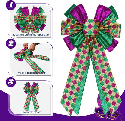 Skiennix Mardi Gras Bows - Large 12”x20” Glitter Tree Topper Decor for Holiday Parties & Wreaths | Gold, Green, Purple