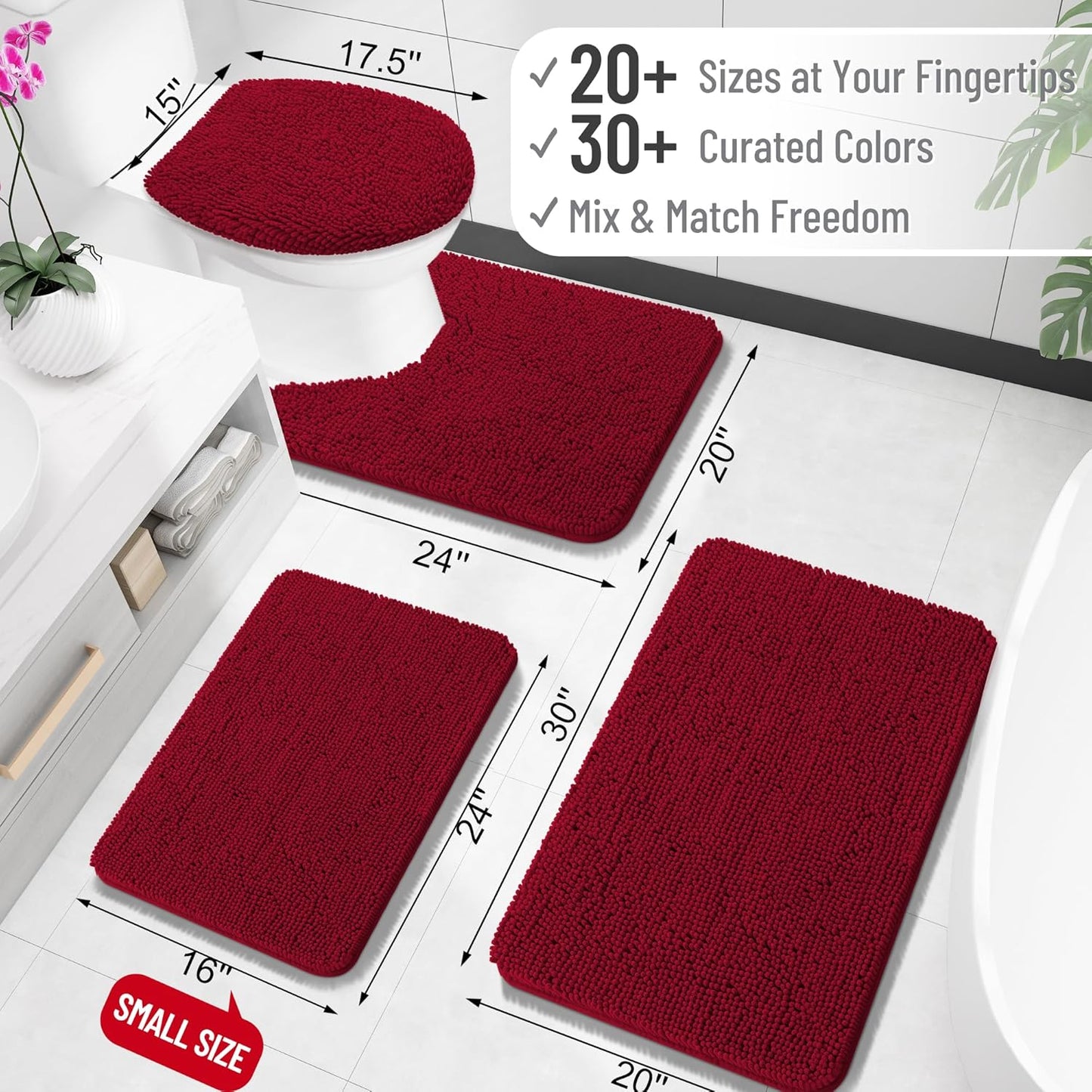 OLANLY Large Bath Rugs - Extra Soft Chenille, Quick Dry, Machine Washable | 50x30 Inches, Red