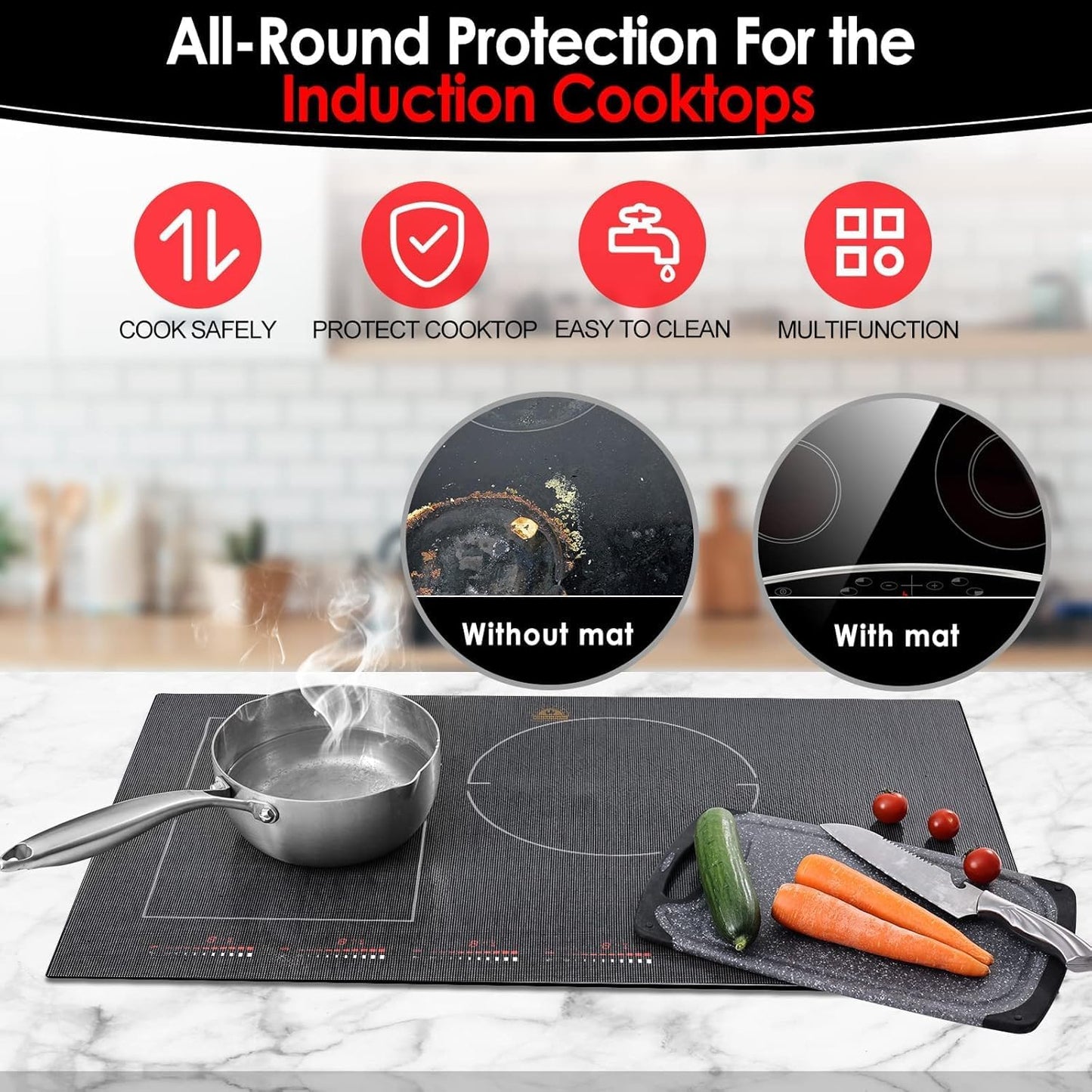 Skiennix Induction Cooktop Protector Mat - Extra Large 21.2x35.4 In | Heat-Resistant to 230°C | Non-Slip & Scratch-Resistant | Semitransparent Black