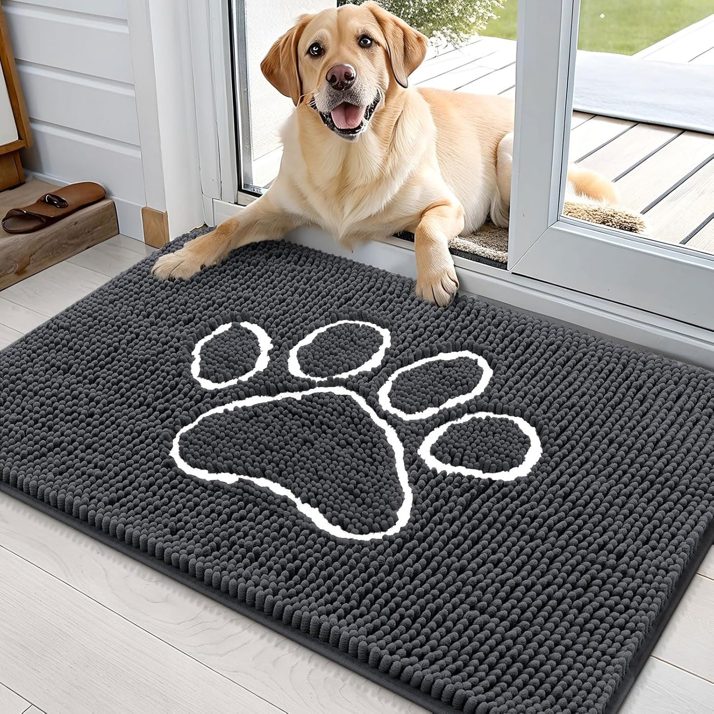 OLANLY Dog Door Mat - Absorbent Non-Slip Mud Mat for Muddy Paws | 35x24 Dark Grey Chenille Design