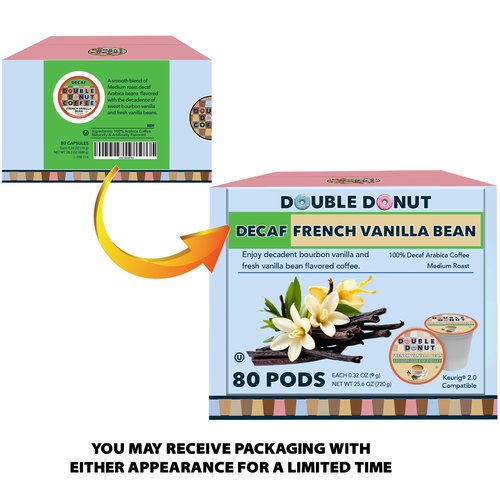 Double Donut Coffee Decaf French Vanilla Coffee Pods, Medium Roast Single Serve French Vanilla Bean Decaf Flavored Coffee Pods For Keurig K Cup Brewers, 80 Count