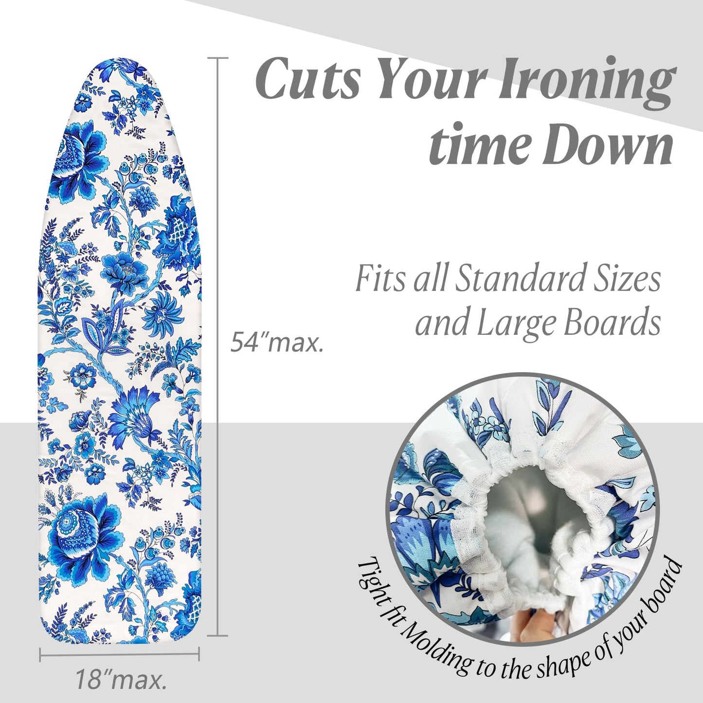 Memeaty Ironing Board Cover and Pad 15x54 Inch Standard Ironing Board Cover with Elastic Edge and Hook and Loop Fasteners Scorch and Stain Resistant Cotton Ironing Covers with Thick Padding