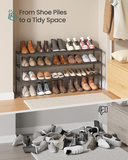 SONGMICS 3-Tier Shoe Rack - Stackable Metal Organizer for 20-24 Pairs | Black, 11.8 x 46.1 x 21.7 Inches