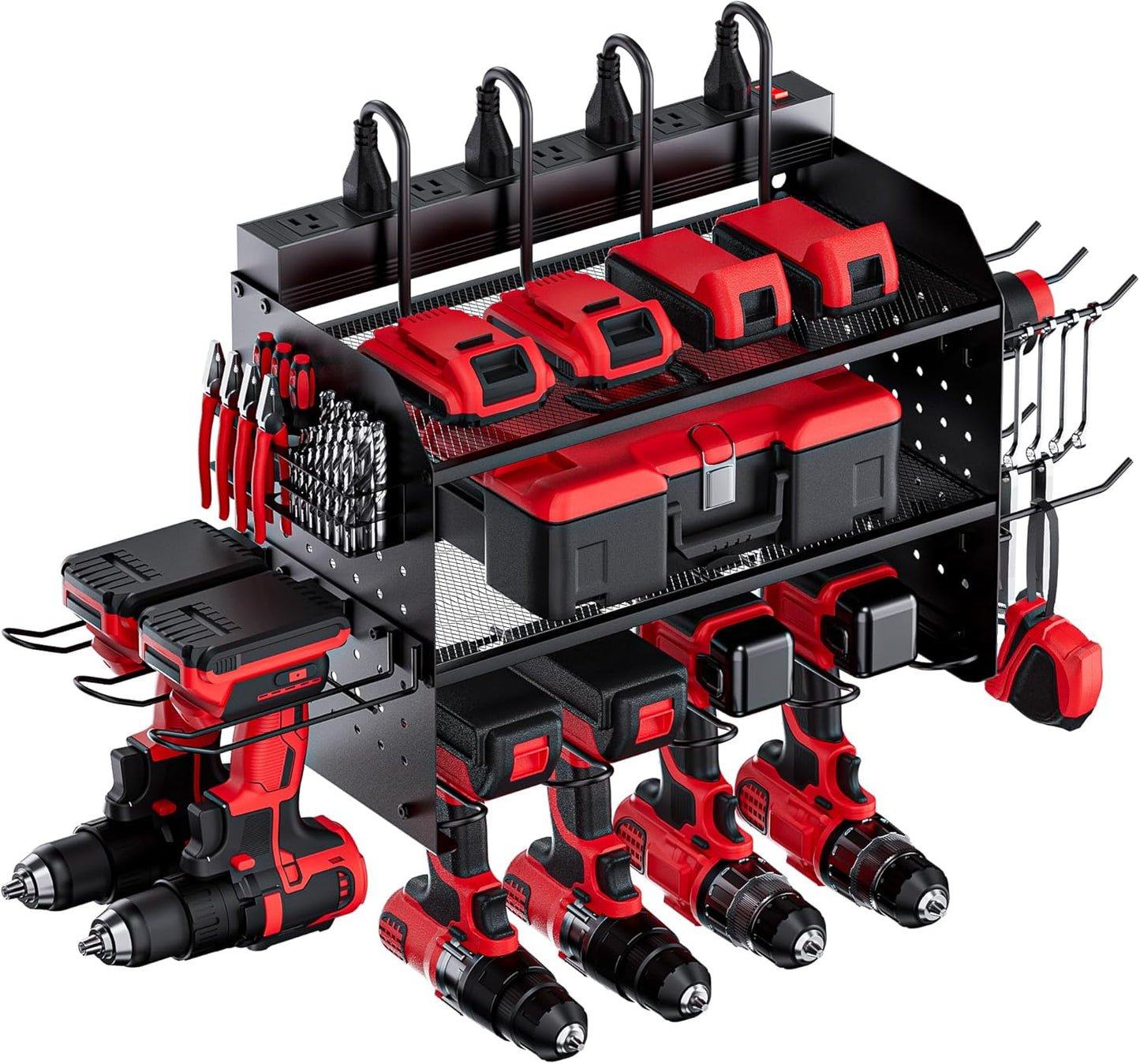 TRZZ Power Tool Organizer - 3-Layer Wall Mount Charging Station with 8 Outlets & 6 Drill Holders | Efficient Garage Storage (Black)
