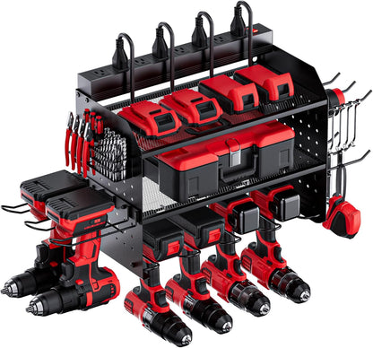 TRZZ Power Tool Organizer - 3-Layer Wall Mount Charging Station with 8 Outlets & 6 Drill Holders | Efficient Garage Storage (Black)
