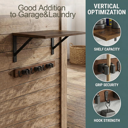 Skiennix Broom and Mop Organizer - Rustic Wood Wall-Mounted Storage Rack for Laundry Room | Brown