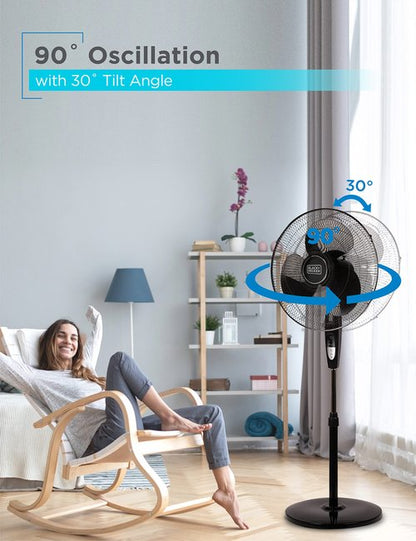 BLACK+DECKER 16 Inches Stand Fan with Pedestal Base, Height Adjustable Pedestal Fan with Remote and Touch Control Panel, Free Standing Fan with 90-Degree Oscillating and 3-Speed Settings, Black