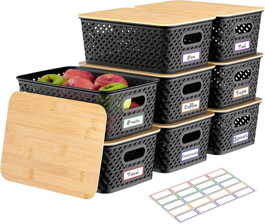 Anysig Plastic Storage Bins - 8 Pack Stackable Bins with Bamboo Lids for Organizing | Black
