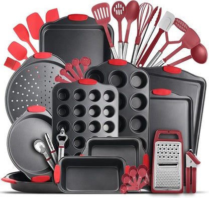Eatex Nonstick Bakeware Set - 39-Piece Baking Set with Muffin Pan, Cake Pan & Cookie Sheets - Red Kitchen Utensils Included