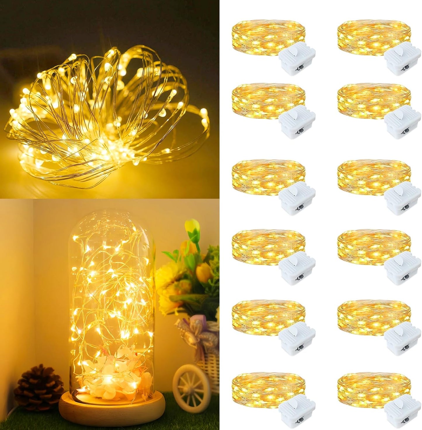 Skiennix 12-Pack Fairy Lights - Battery Operated 20 LED Mini String Lights | Waterproof Silver Wire for Weddings & Parties