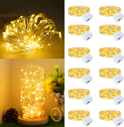 Skiennix 12-Pack Fairy Lights - Battery Operated 20 LED Mini String Lights | Waterproof Silver Wire for Weddings & Parties