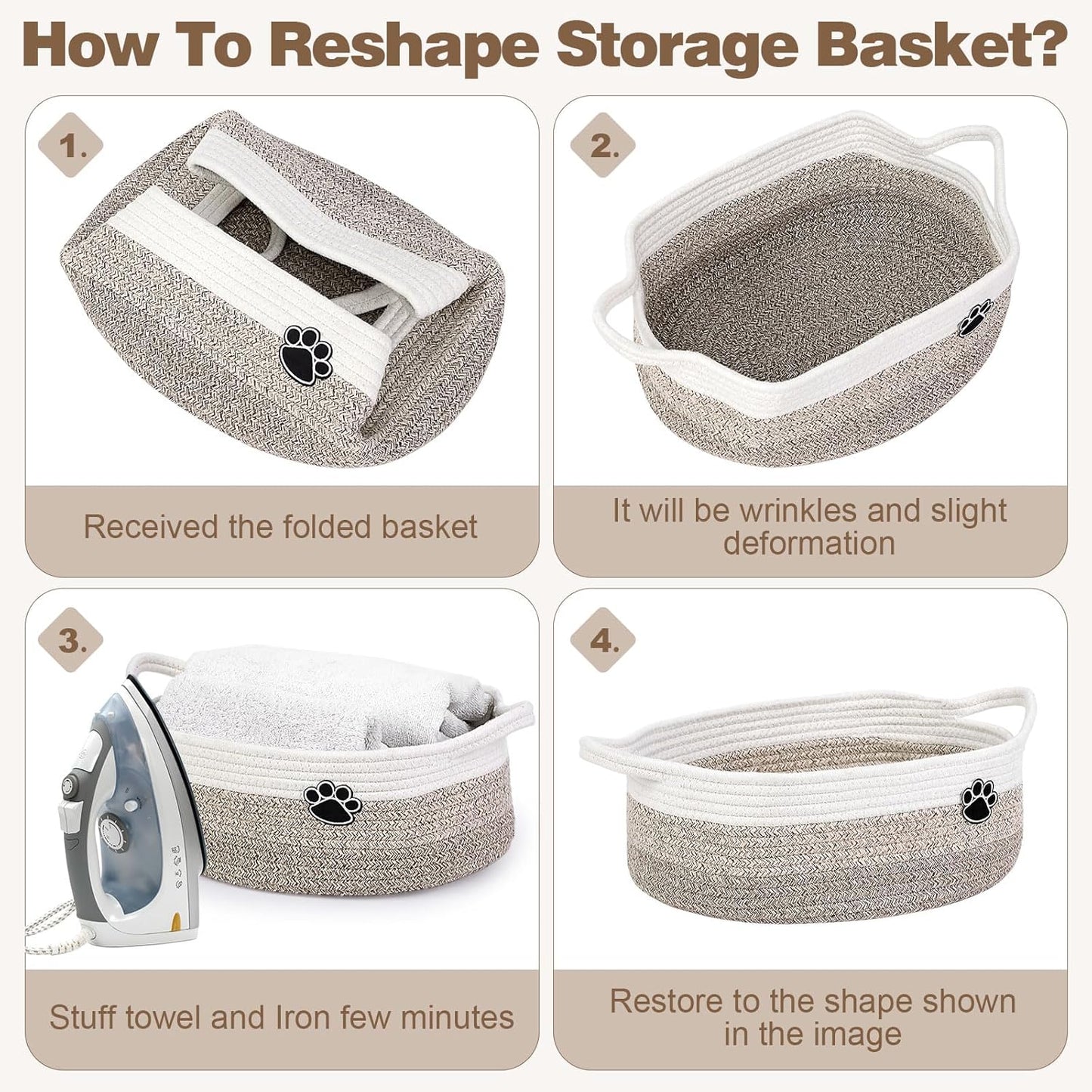 Optish Dog Toy Basket - Large Woven Rope Storage Bin for Dogs & Cats | 19.7" x 11" x 7.9" - White & Brown