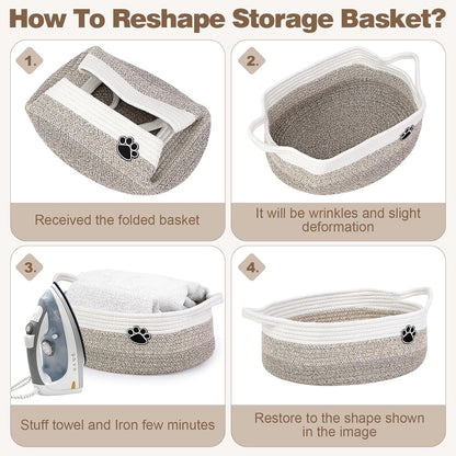 Optish Dog Toy Basket - Large Woven Rope Storage Bin for Dogs & Cats | 19.7" x 11" x 7.9" - White & Brown
