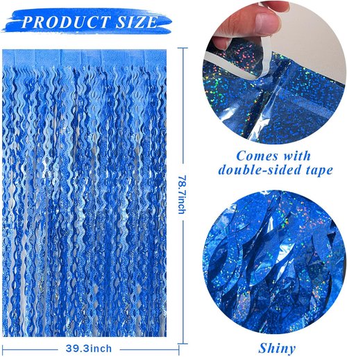 Blue Backdrop Wavy Tinsel Foil Fringe Curtains | Sparkling Metallic Party Decorations