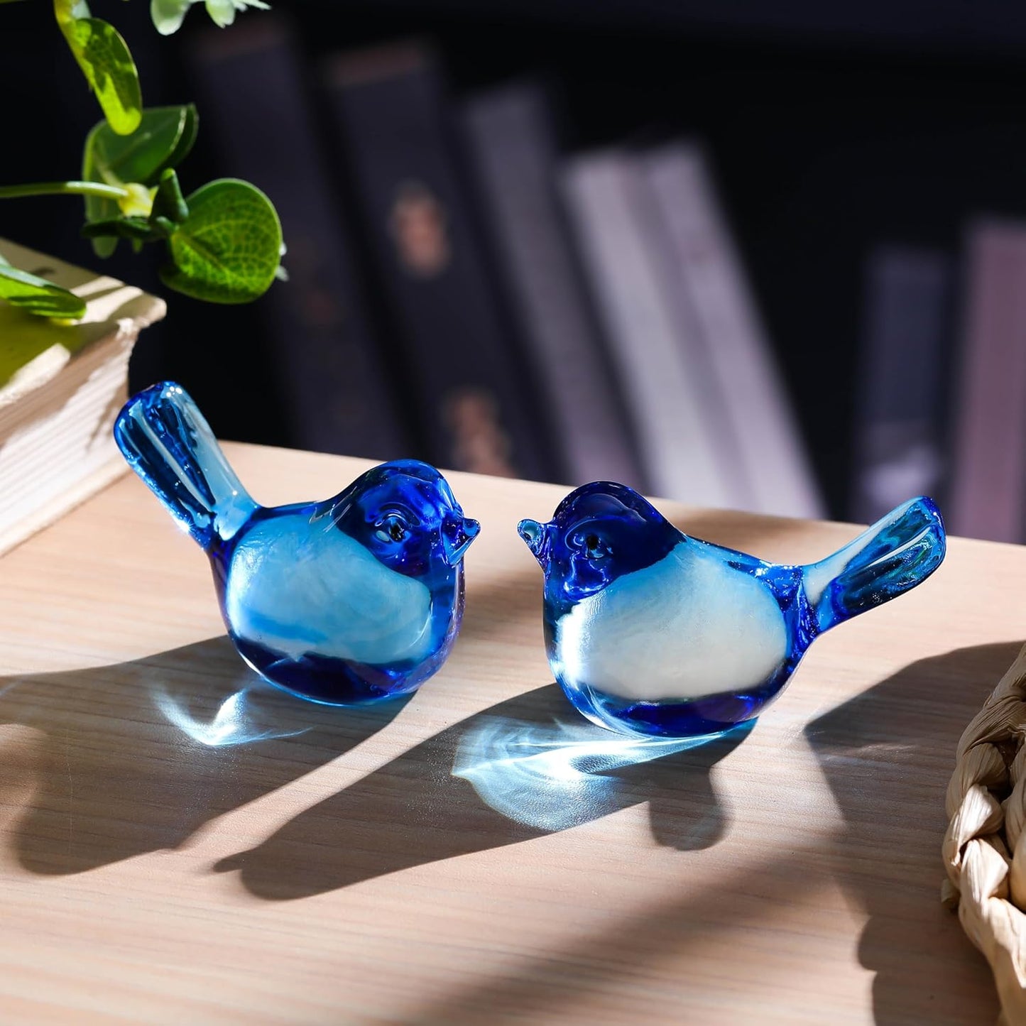 Qianwei Crystal Bird Figurine Set - Handmade Blown Glass Birds for Office Desk Decor | 2pcs Sky Blue