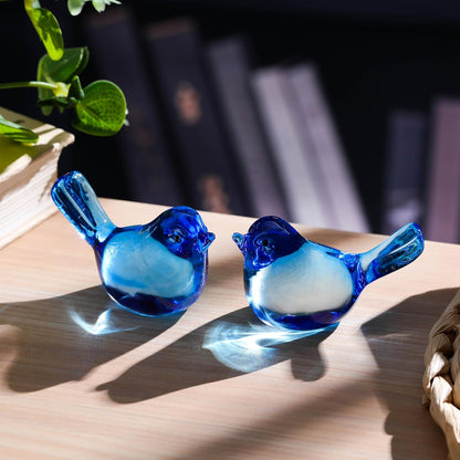 Qianwei Crystal Bird Figurine Set - Handmade Blown Glass Birds for Office Desk Decor | 2pcs Sky Blue
