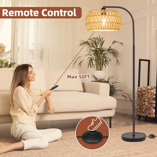 Brilvibera Rattan Standing Lamp with Remote and Dimmable Bulb, Bronze Arch Floor Lamp, Over Couch Lamp with Foot Switch, Brown Boho Lamp for Living Room, Bedroom, Office, Classroom