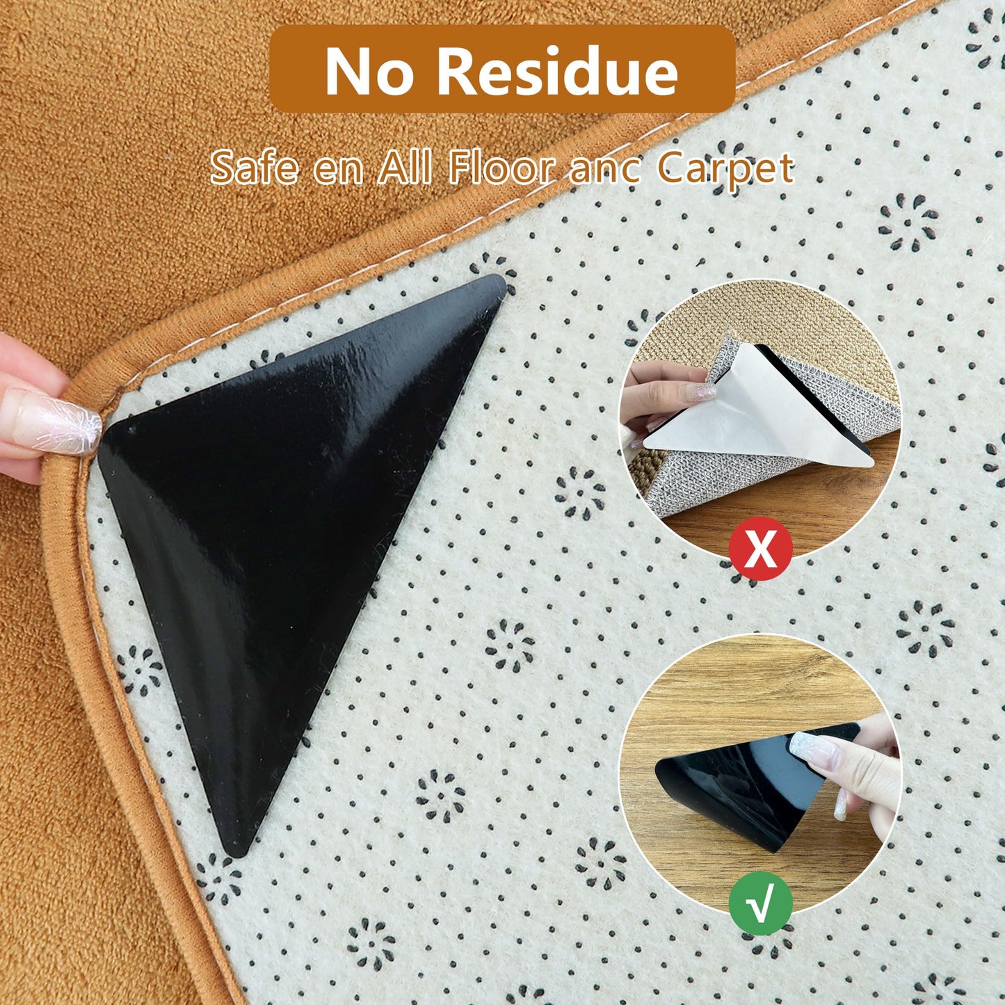 Rug Tape Grippers for Hardwood Floors, 8 Pcs Non Slip Double Sided Rug Pads – Reusable Washable Carpet Grippers, No Residue Removable Corner Holders for Area Rugs, Tile, Laminate, Vinyl, Marble
