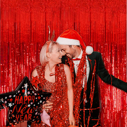 Regine Switzerland Red Metallic Foil Curtain Backdrop - 2 Pack Tinsel Fringe for Parties & Events