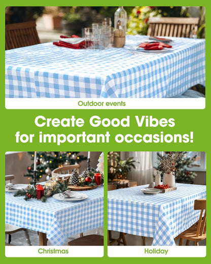 Pureegg Disposable Plastic Tablecloths - 8 Pack, 54 x 108 Inch, Leakproof Blue & White Gingham Design