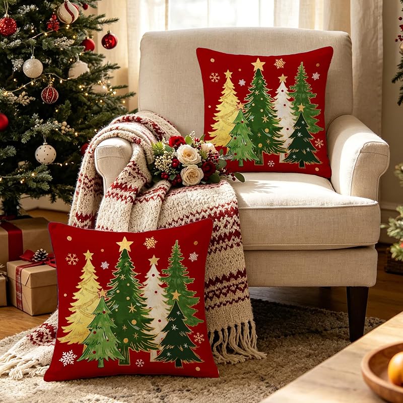 Pinata Xmas 18x18 Pillow Covers Set of 2 - Christmas Tree, Red Bird & Star Decor (Variation of THIS listing: Xmas 1818-2-tree Red+18" x 18")
