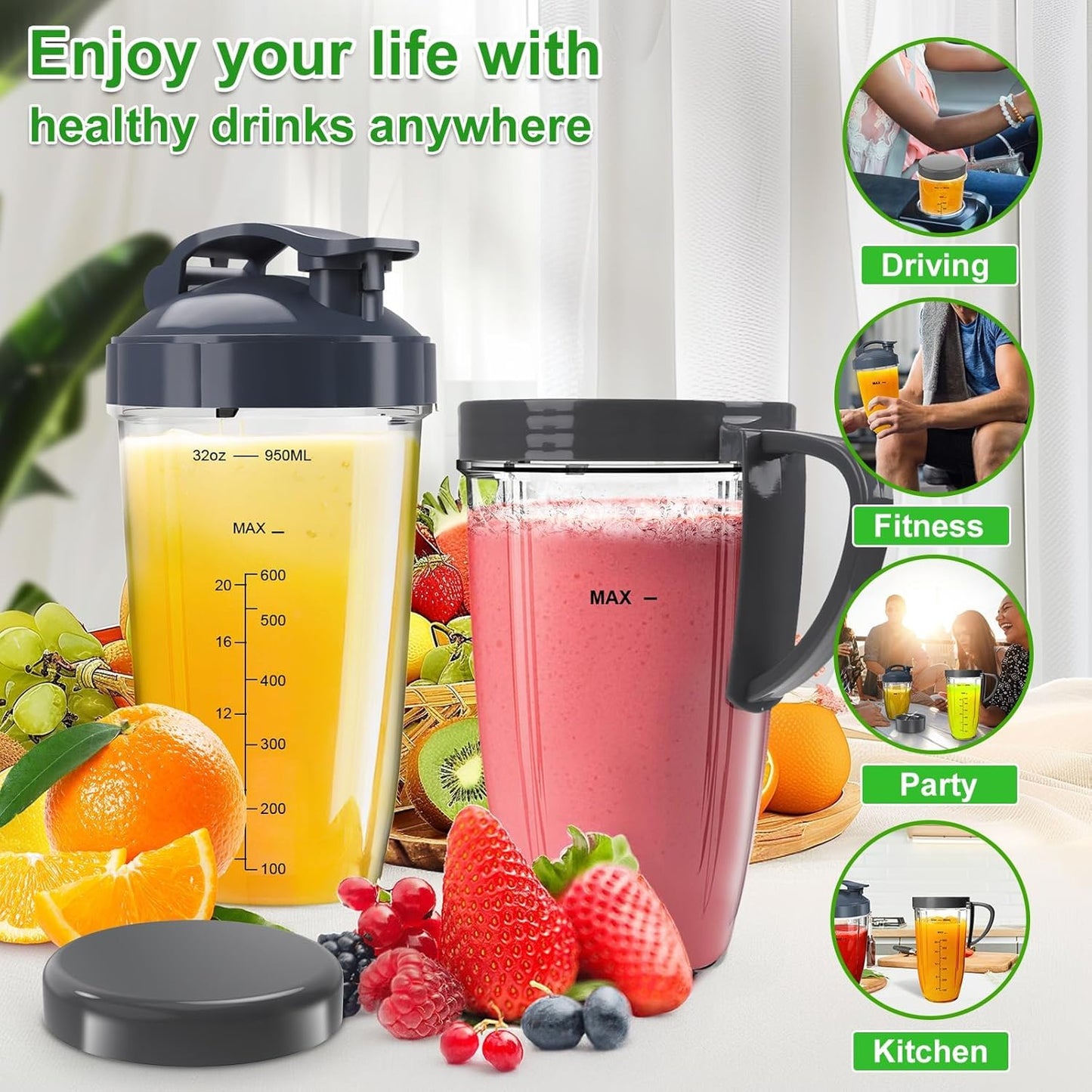 Nutribullet Replacement Blender Cups Set - 32oz & 24oz with To-Go Lid & Lip Ring | 6-Piece Accessory Kit