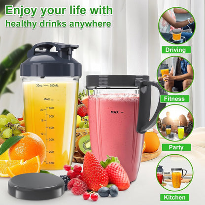Nutribullet Replacement Blender Cups Set - 32oz & 24oz with To-Go Lid & Lip Ring | 6-Piece Accessory Kit