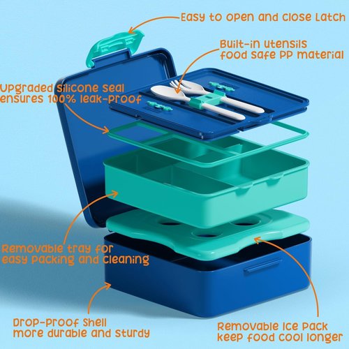 Fimibuke Chill Bento Box - Leak Proof Lunch Container with Ice Pack | BPA Free, 4 Compartments, Microwave & Dishwasher Safe